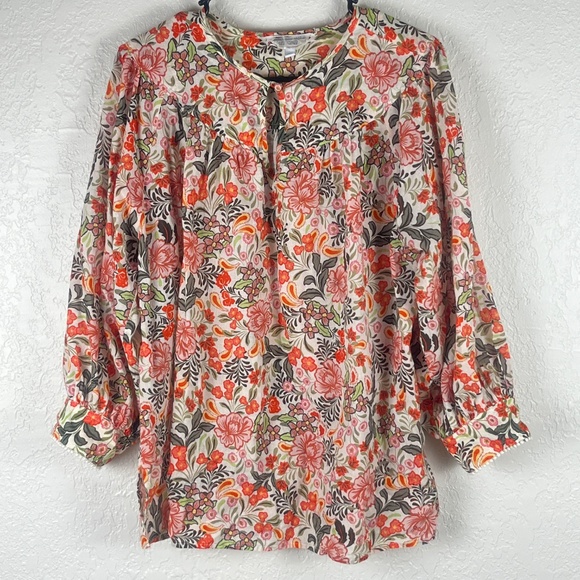 Johnny Was Valencia Circle Yoke Blouse Top Sz Large Floral Cuff Multicolor - Picture 3 of 14